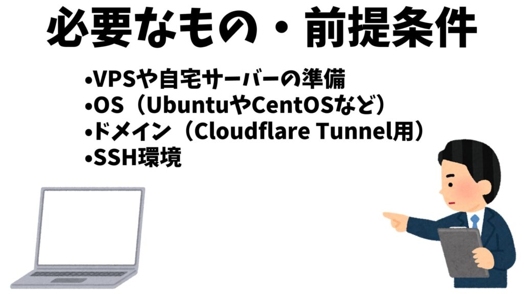必要なもの・前提条件
VPSや自宅サーバーの準備

OS（UbuntuやCentOSなど）

ドメイン（Cloudflare Tunnel用）

SSH環境