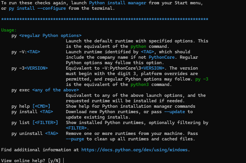 Python install managerのView online help?
