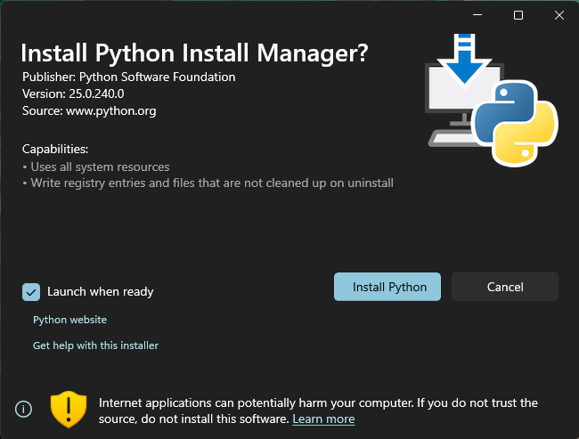 Install Python Install Manager?画面