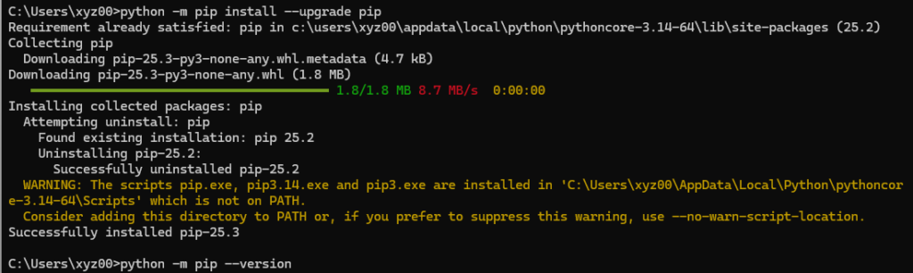 Python -m pip install --upgrade pip 実行画面