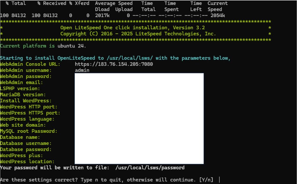 WSL画面
OpenLiteSpeed One-Click install中の画面(確認)