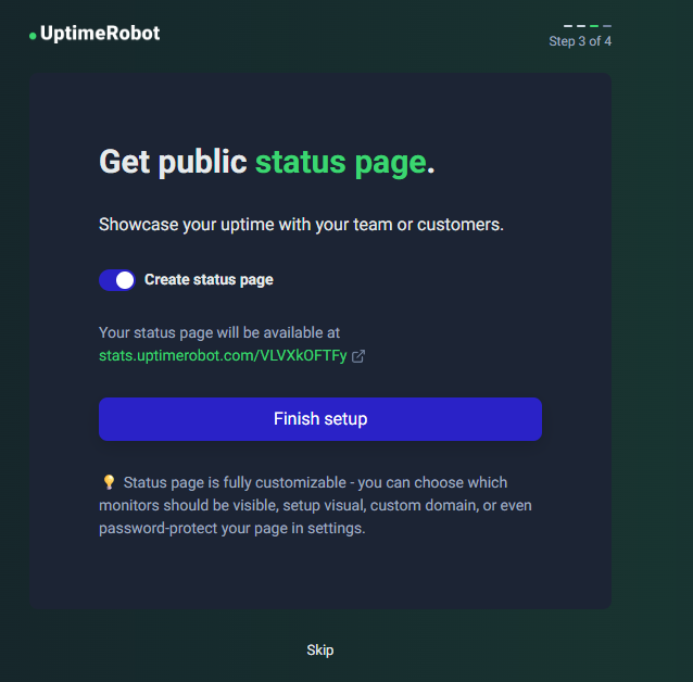 UptimeRobot セットアップ Get public status page