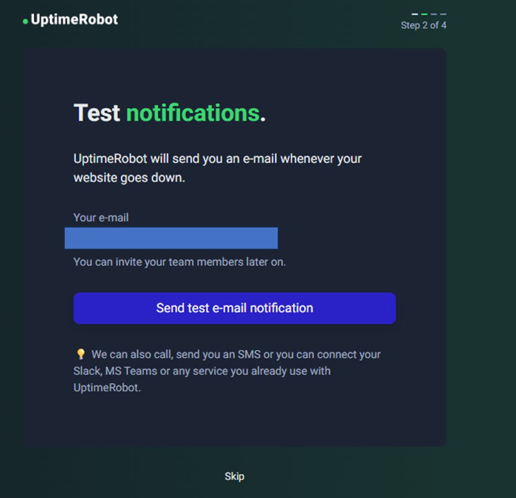 UptimeRobot セットアップ Test notifications