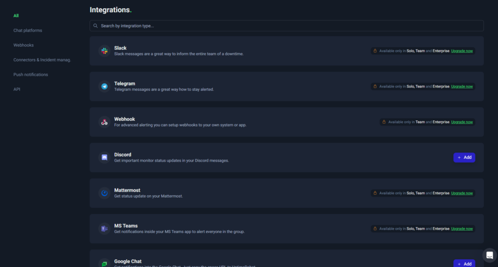 UptimeRobot Integrations （連携）