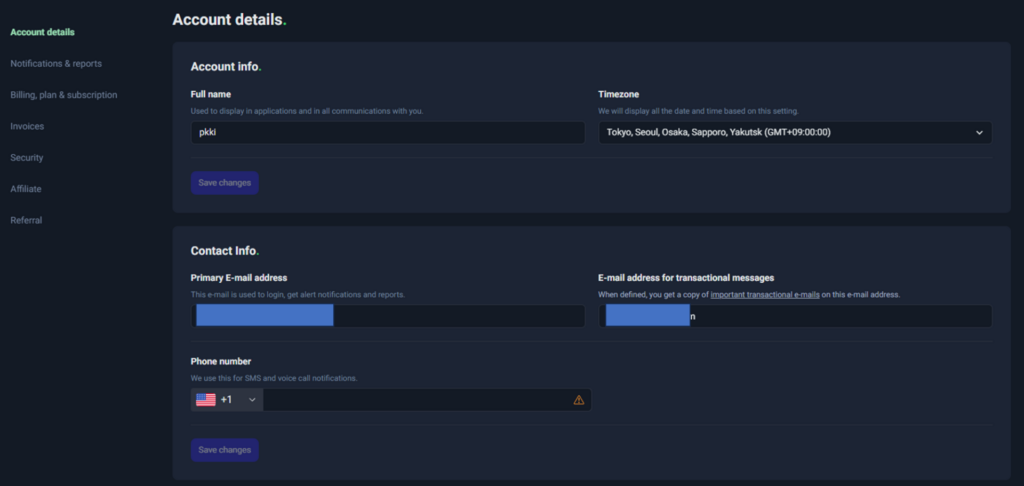 UptimeRobot Account details アカウント詳細