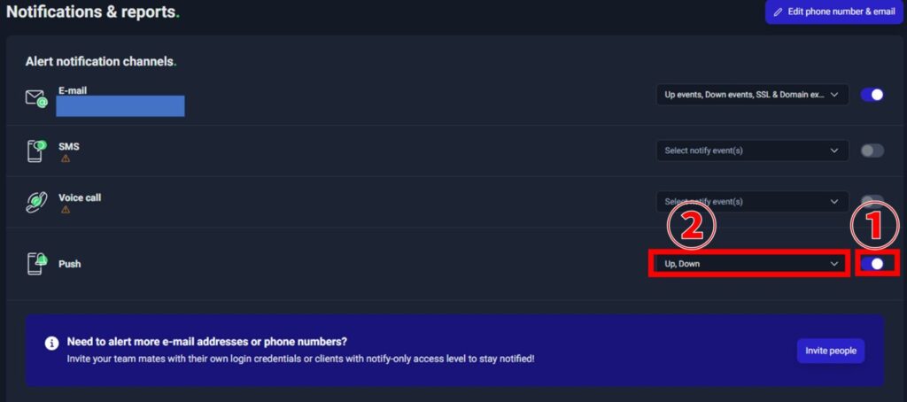UptimeRobot Notifications & reports Push通知設定
