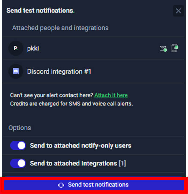 UptimeRobot モニターのTest NotificaitonのSend test notifications