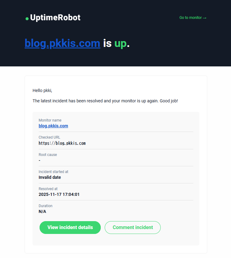 UptimeRobot モニターのTest Notificaitonの結果 E-mail