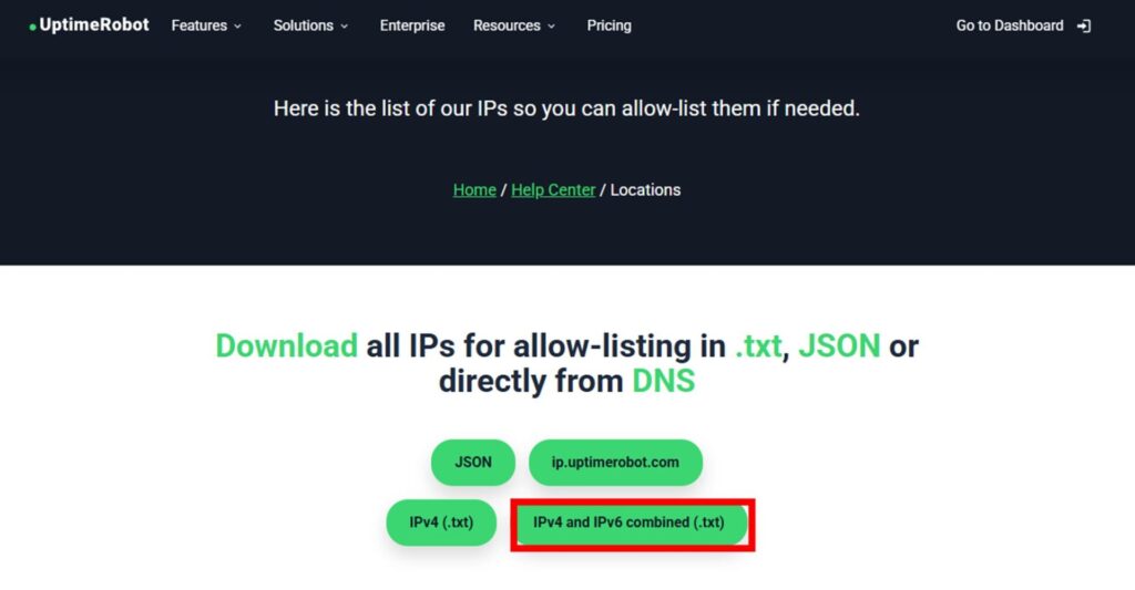 UptimeRobot IPリストページ
