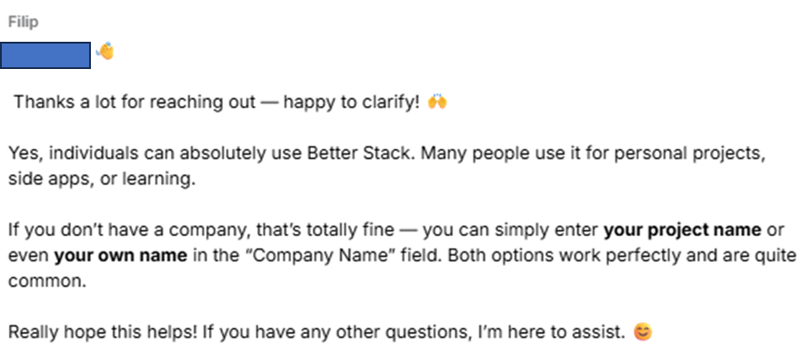 Better Stack アカウント作成時の会社名についての質問