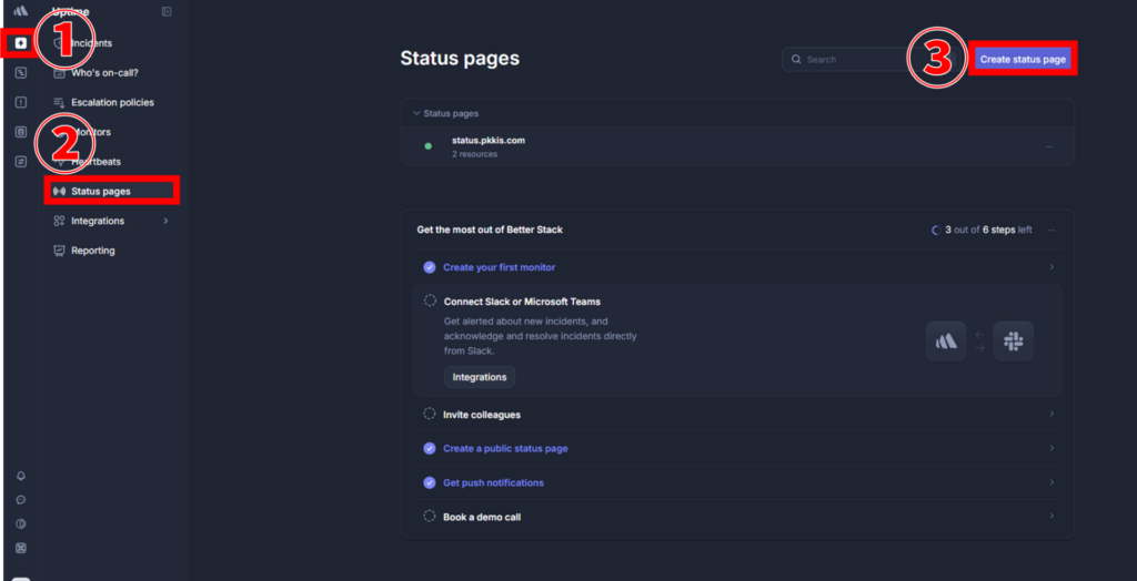 Better Stack ステータスページ作成 ダッシュボード