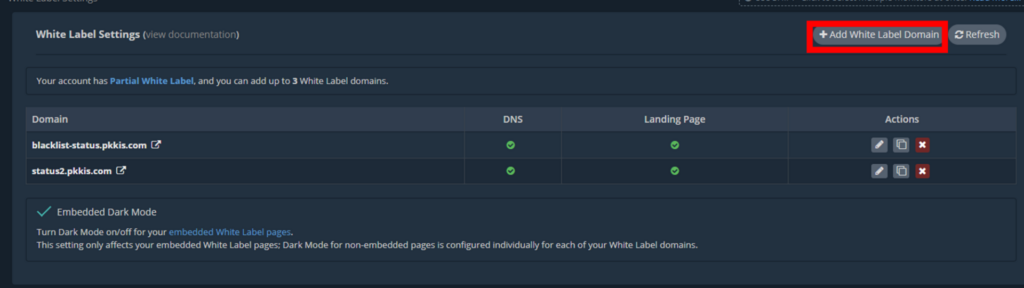 HetrixTools ステータスページ カスタムドメイン設定 Add white Label Domain