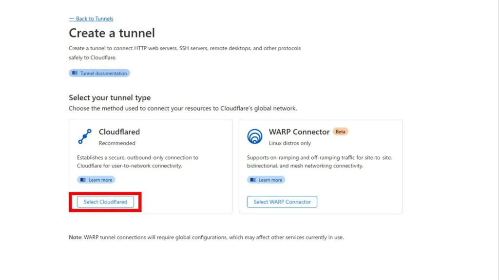Cloudflare Zero Trust トンネル作成 Select cloudflared