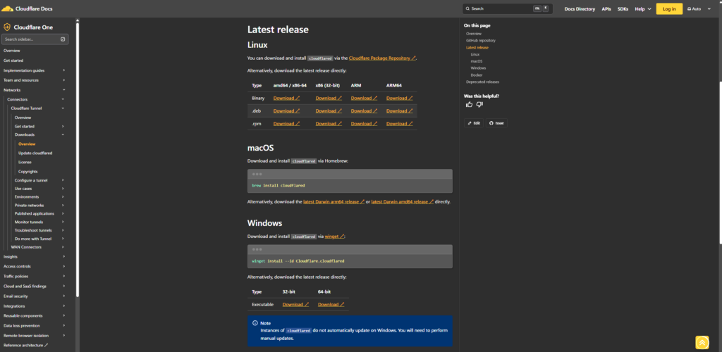 Cloudflareダウンロードページ
https://developers.cloudflare.com/cloudflare-one/networks/connectors/cloudflare-tunnel/downloads/
