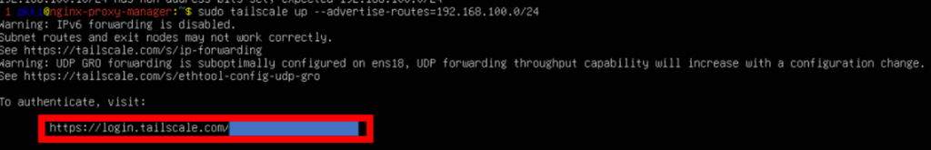 sudo tailscale up --advertise-routes=LANの範囲(例:192.168.100.0/24)