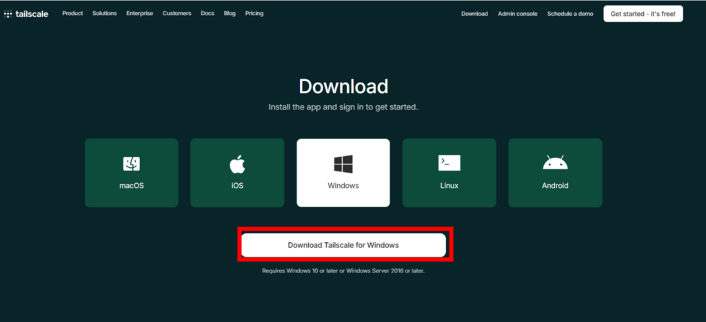 Tailscale windowsダウンロードページ