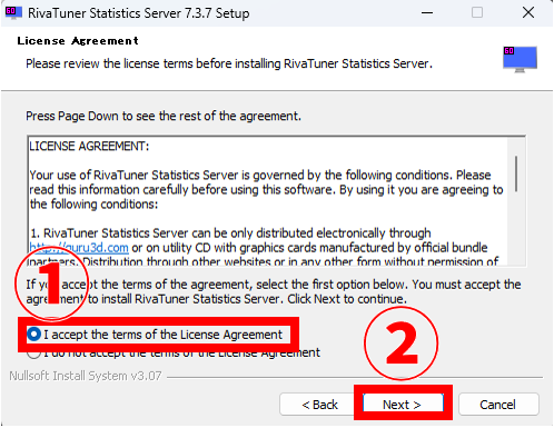 RivaTunner Statistics Server 7.3.7 Setup  使用許諾画面