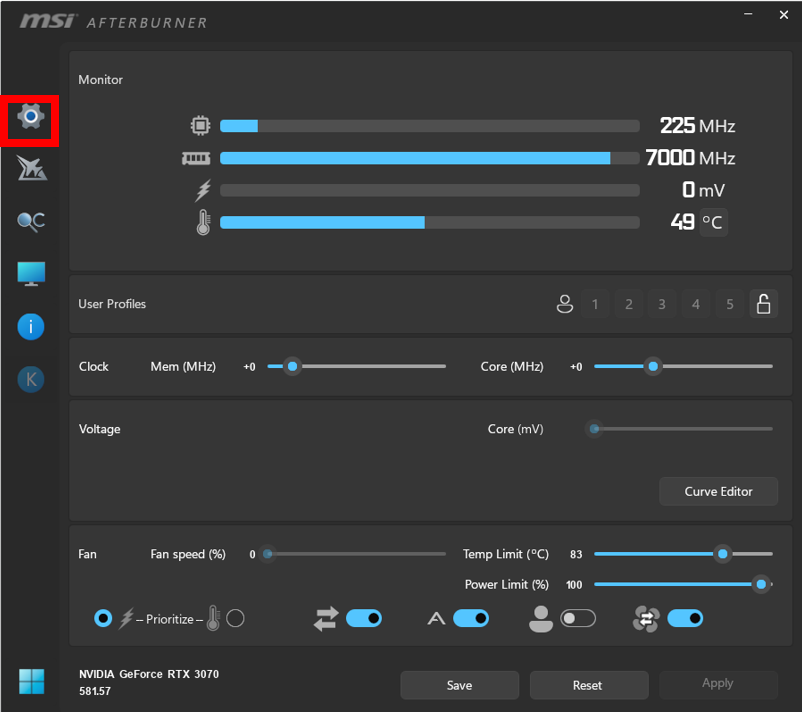 MSi Afterburnerホーム画面