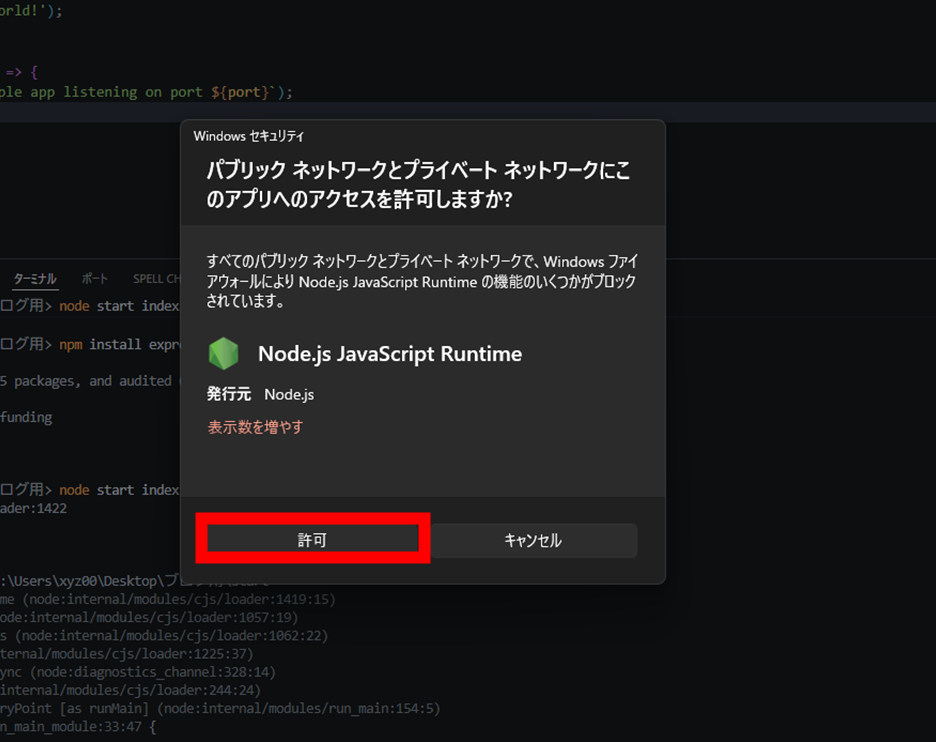 Node.js JavaScript Tuntime
パブリック ネットワークとプライベート ネットワークにこのアプリへのアクセスを許可しますか?