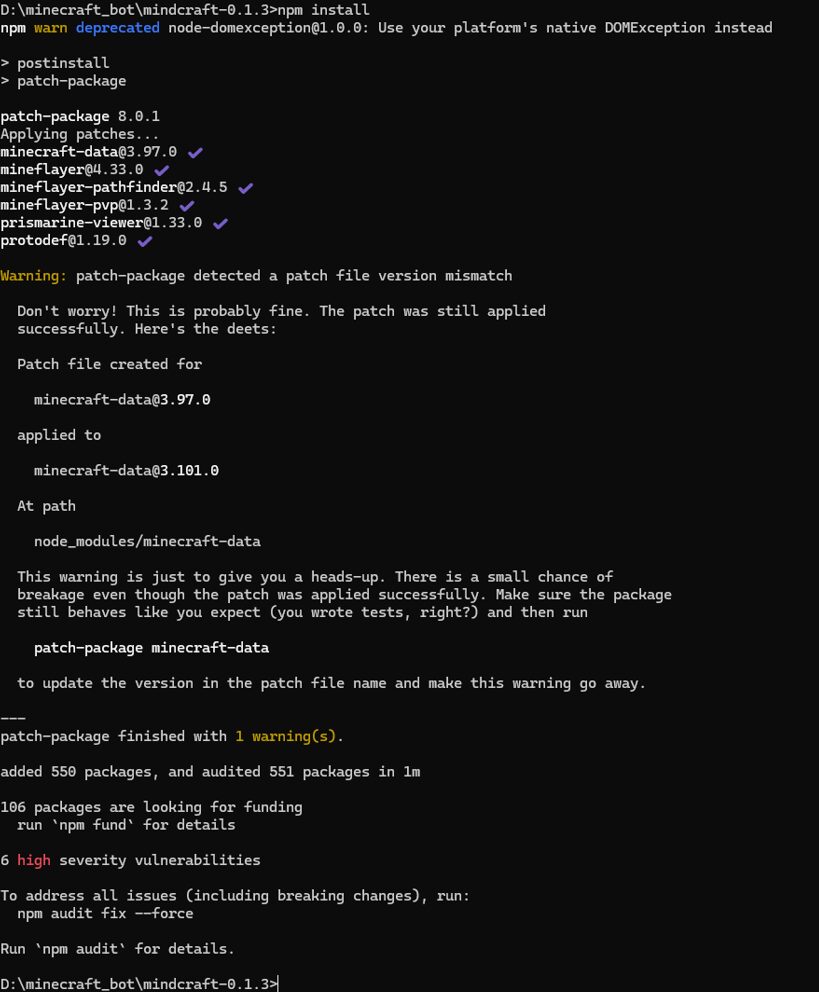 Mindcraft npm install