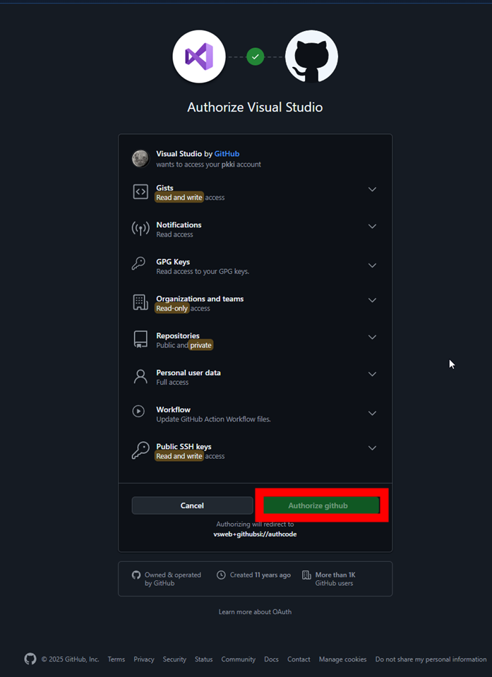 Visual Studio をGithubを使ってログインする